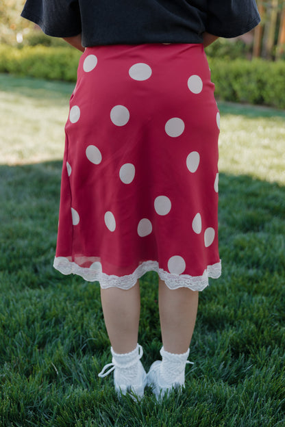 THE VICTORIA POLKA DOT MIDI SKIRT IN RED