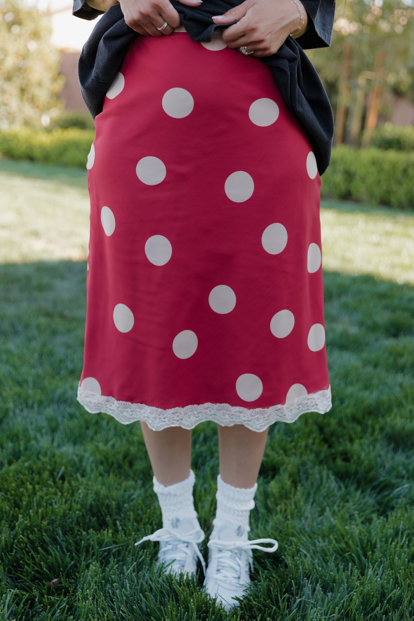 THE VICTORIA POLKA DOT MIDI SKIRT IN RED
