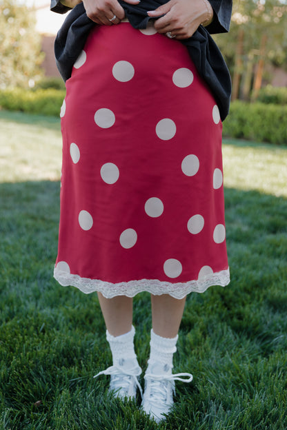 THE VICTORIA POLKA DOT MIDI SKIRT IN RED