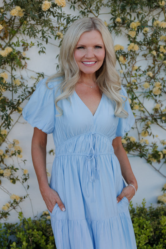 THE MCKELL RIBBON TIES DRESS IN SKY BLUE