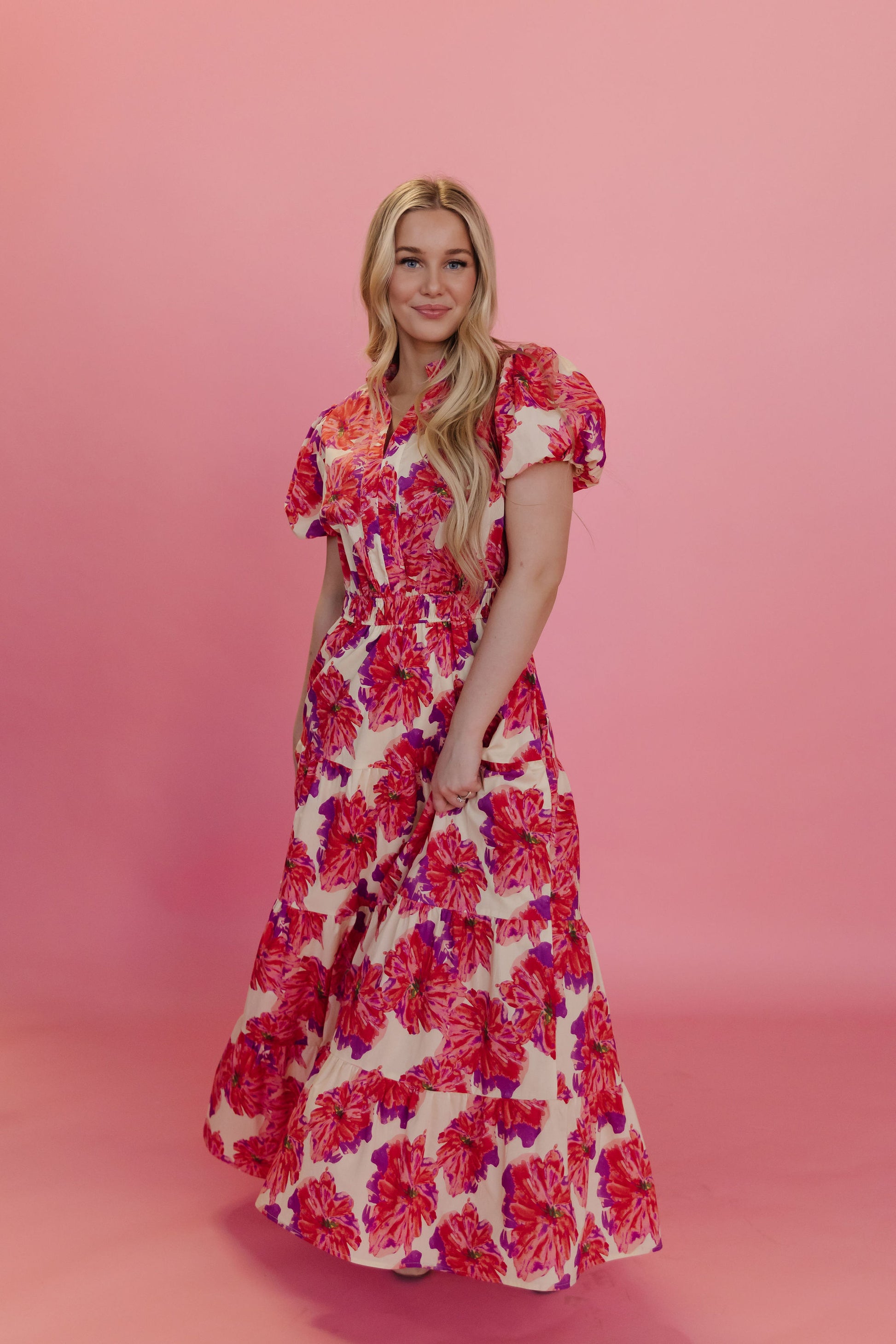 chinese dress ladies Love Found Fuchsia Pink Floral Tiered Midi Dress, Small - The Mint Julep Boutique main image 0