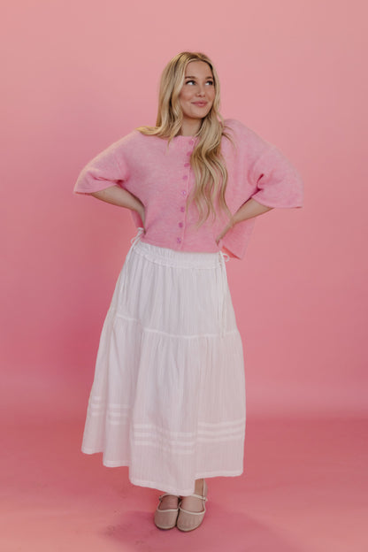 THE MANON SIDE TIE LINEN MAXI SKIRT IN WHITE