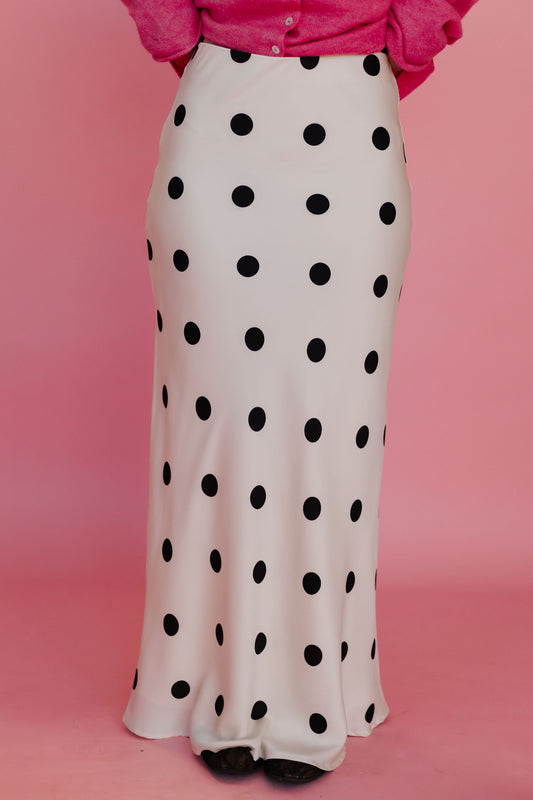 THE OAKLYNN POLKA DOT SATIN SKIRT IN IVORY