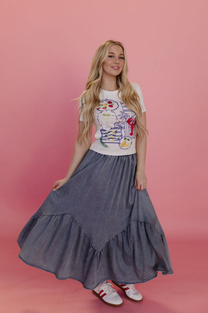 THE TASHA RUFFLE MIDI SKIRT IN DENIM