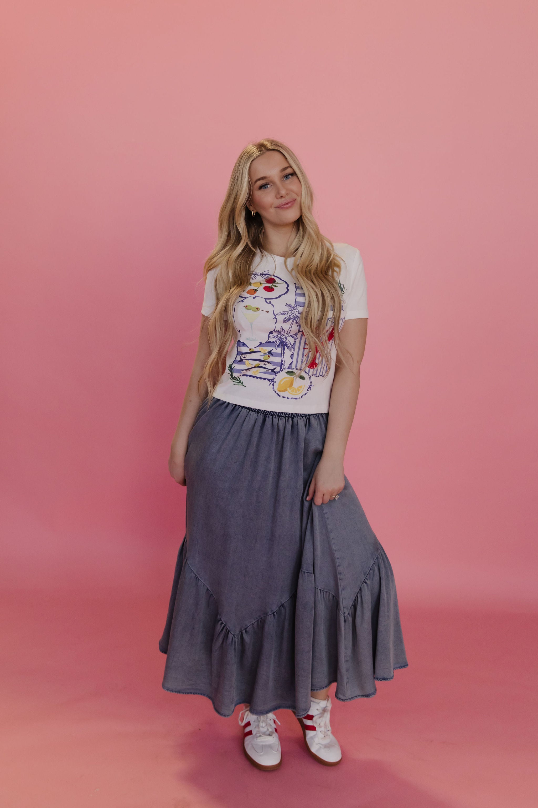 THE TASHA RUFFLE MIDI SKIRT IN DENIM – Pink Desert
