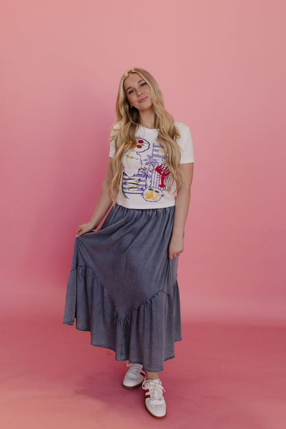 THE TASHA RUFFLE MIDI SKIRT IN DENIM