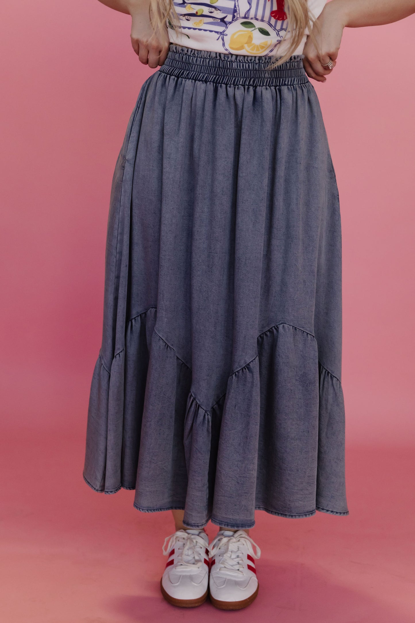 THE TASHA RUFFLE MIDI SKIRT IN DENIM