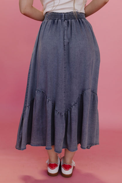 THE TASHA RUFFLE MIDI SKIRT IN DENIM