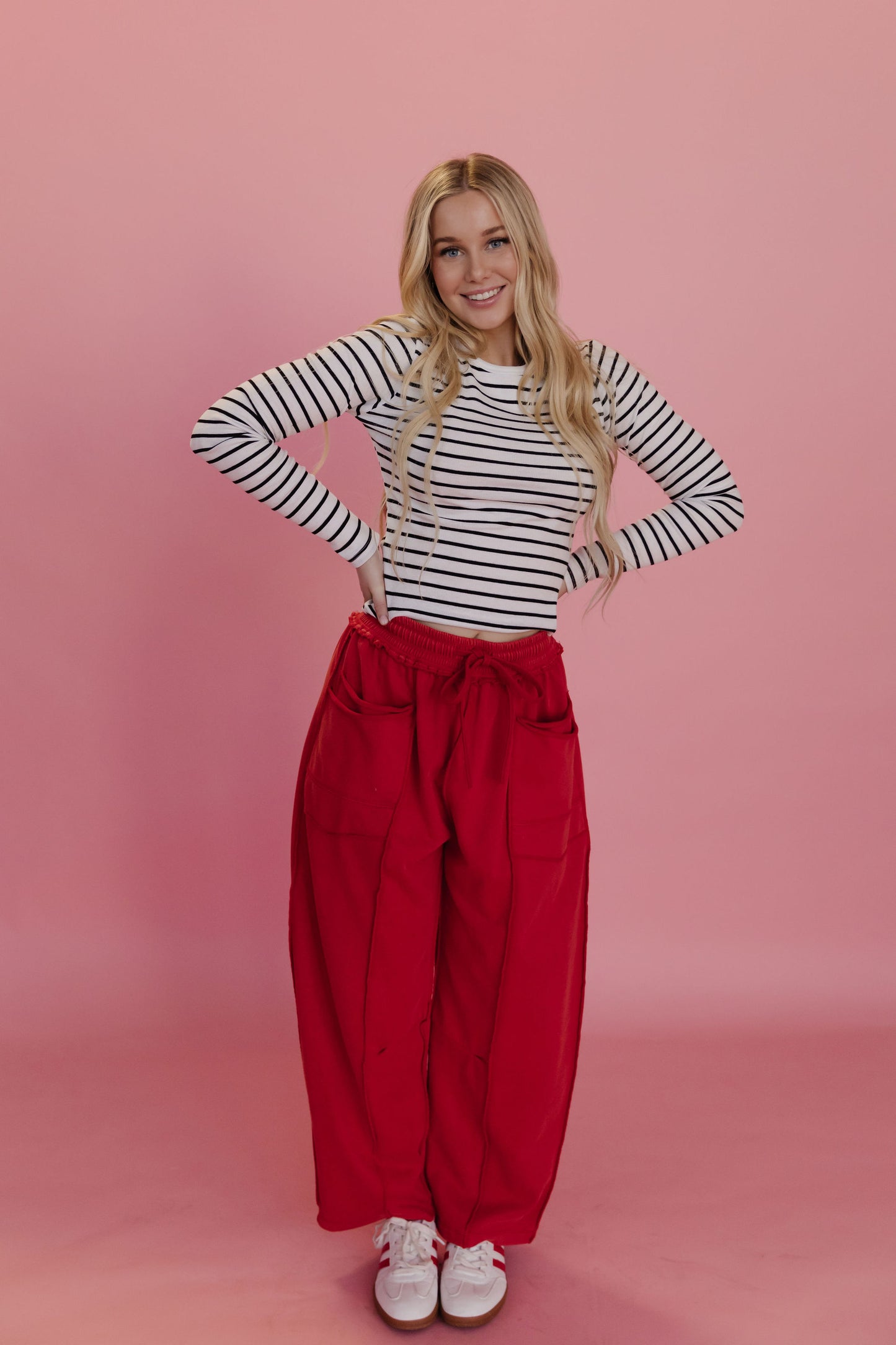 THE GAIA BARREL KNIT UTILITY PANTS IN RED