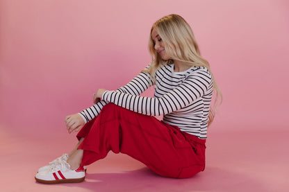 THE GAIA BARREL KNIT UTILITY PANTS IN RED