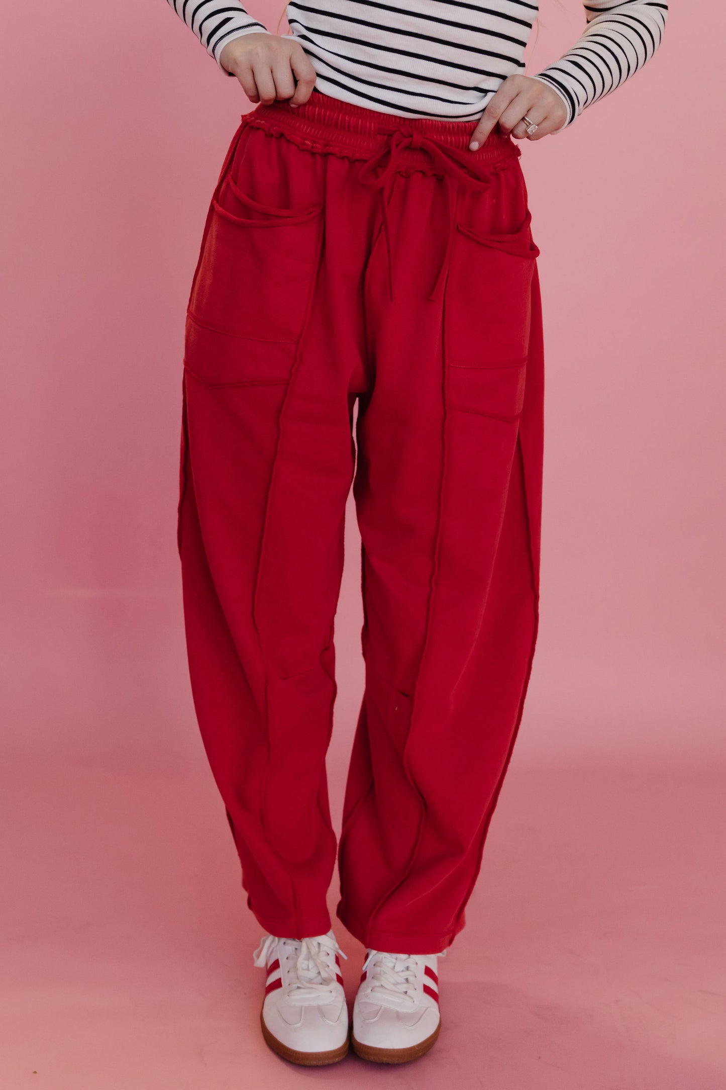 THE GAIA BARREL KNIT UTILITY PANTS IN RED