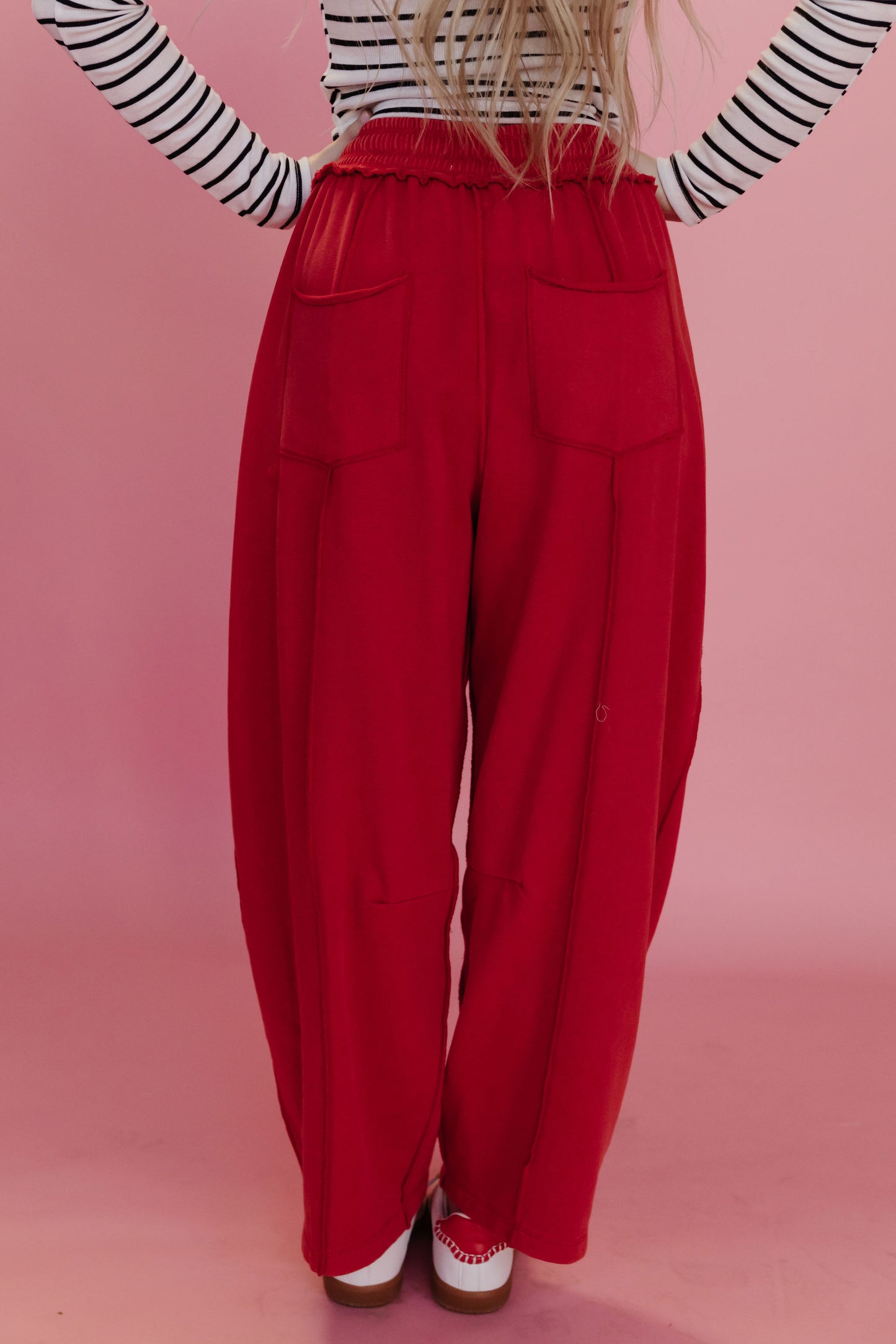 THE GAIA BARREL KNIT UTILITY PANTS IN RED