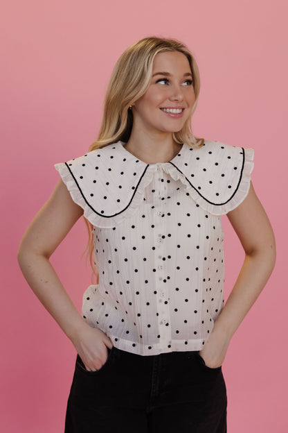 THE ALLISON POLKA DOT RUFFLE TOP IN IVORY