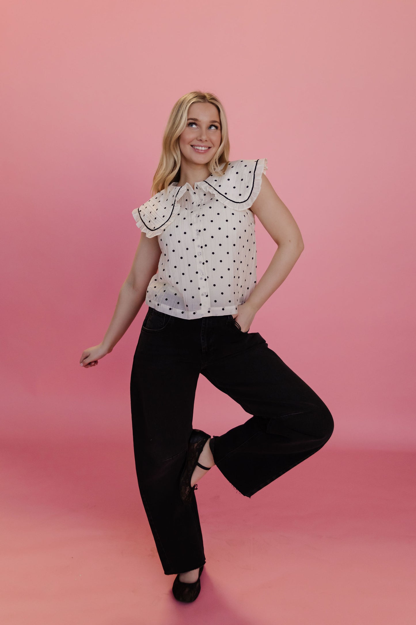 THE ALLISON POLKA DOT RUFFLE TOP IN IVORY