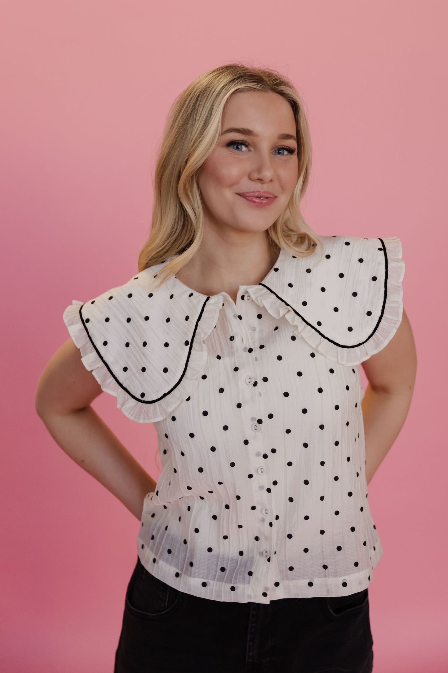 THE ALLISON POLKA DOT RUFFLE TOP IN IVORY