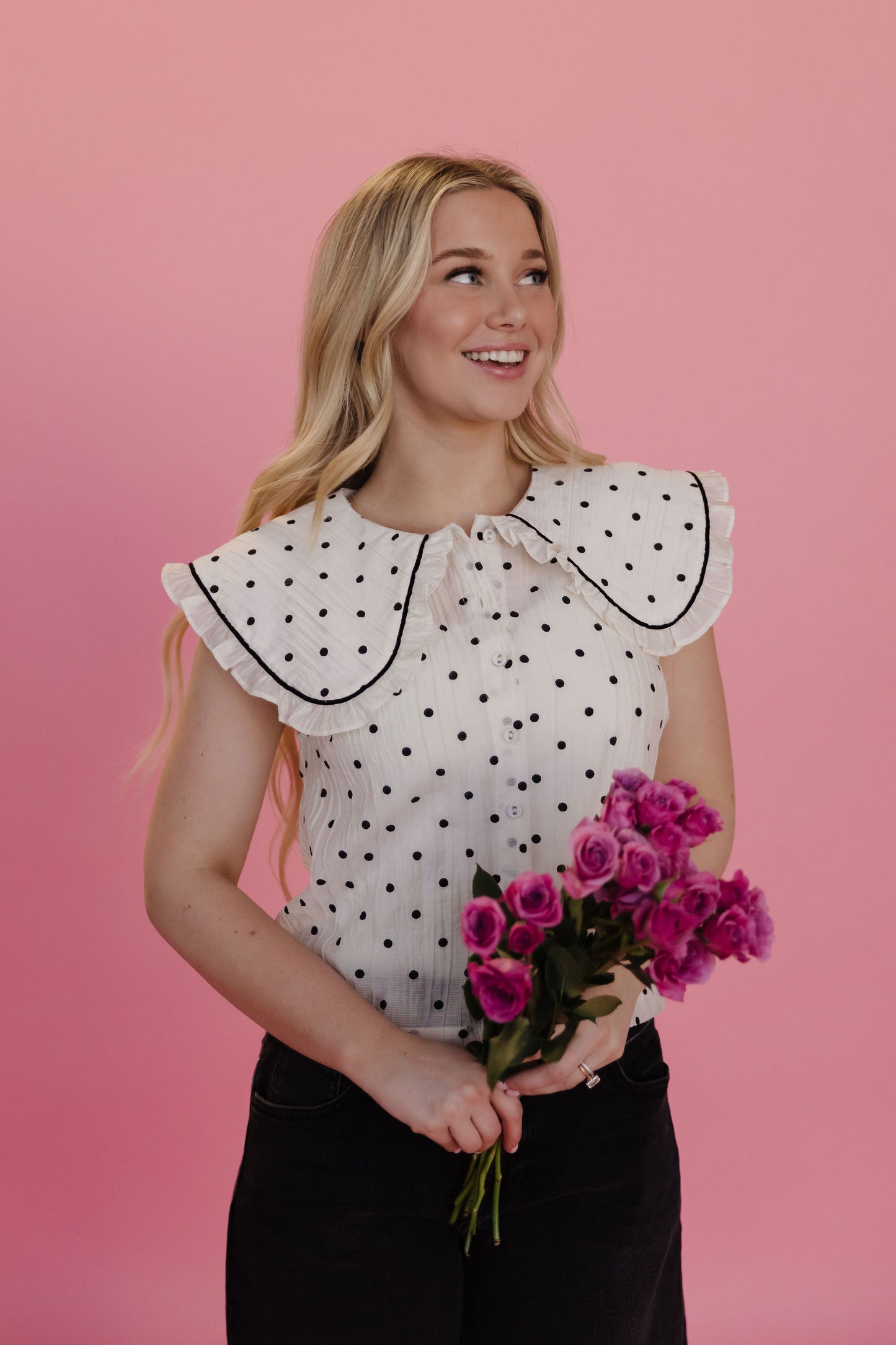 THE ALLISON POLKA DOT RUFFLE TOP IN IVORY