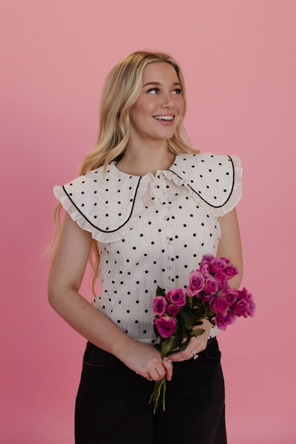 THE ALLISON POLKA DOT RUFFLE TOP IN IVORY