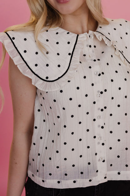 THE ALLISON POLKA DOT RUFFLE TOP IN IVORY