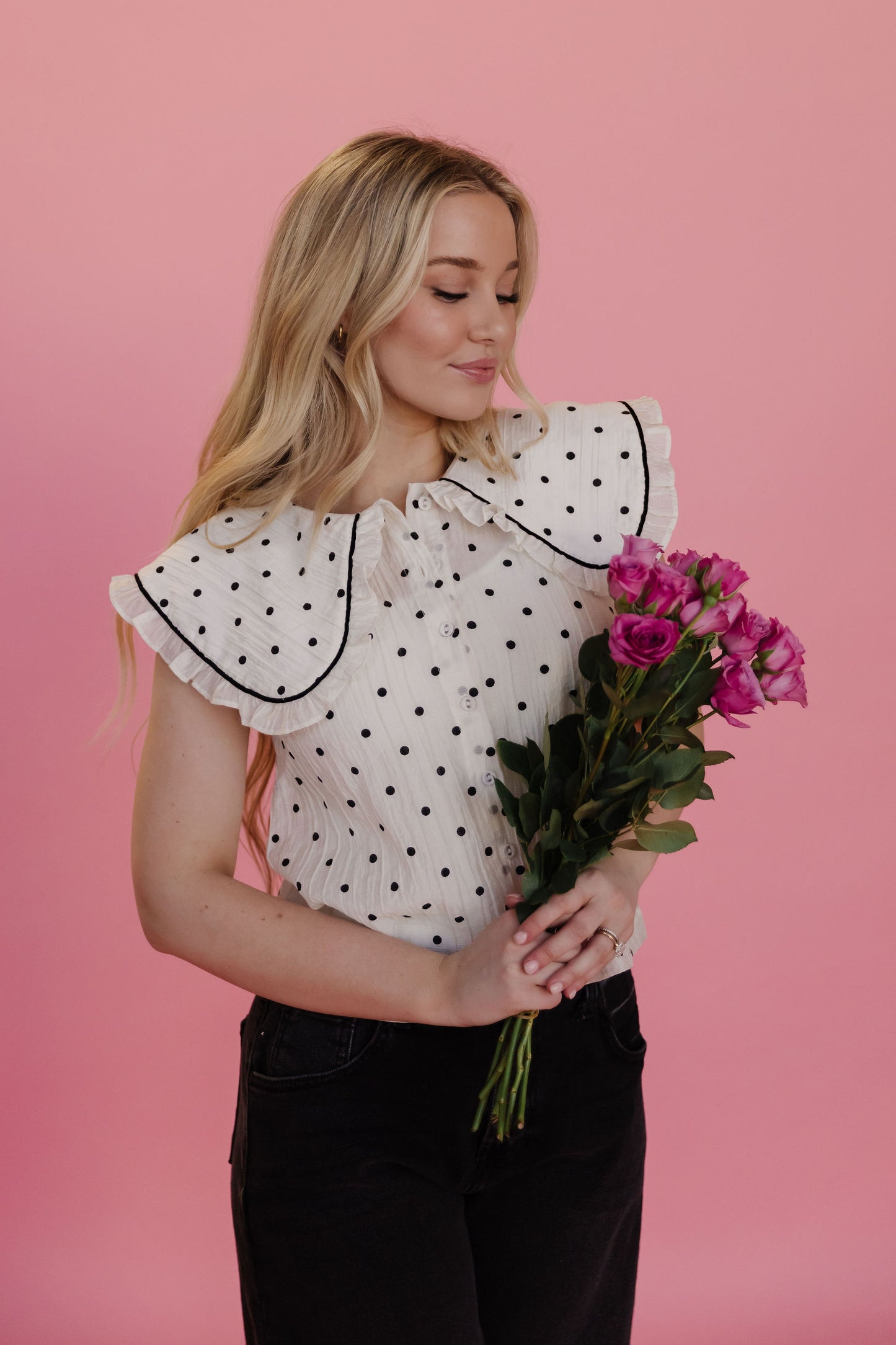 THE ALLISON POLKA DOT RUFFLE TOP IN IVORY
