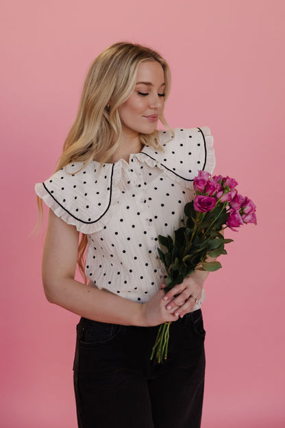 THE ALLISON POLKA DOT RUFFLE TOP IN IVORY
