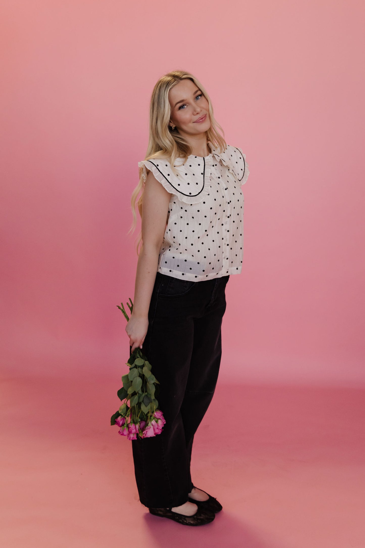 THE ALLISON POLKA DOT RUFFLE TOP IN IVORY