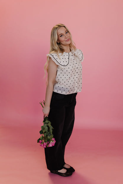 THE ALLISON POLKA DOT RUFFLE TOP IN IVORY