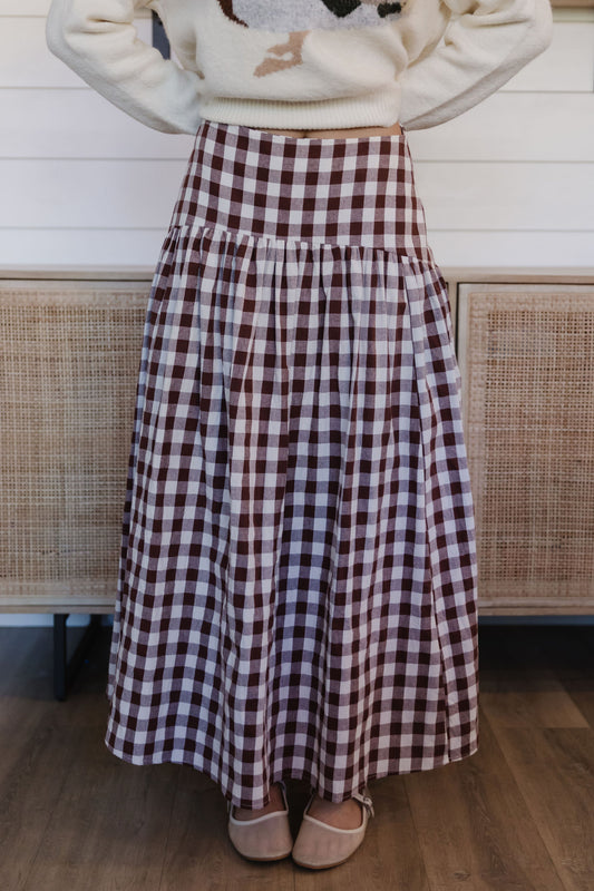 THE LESLIE GINGHAM FLARED SKIRT IN BROWN
