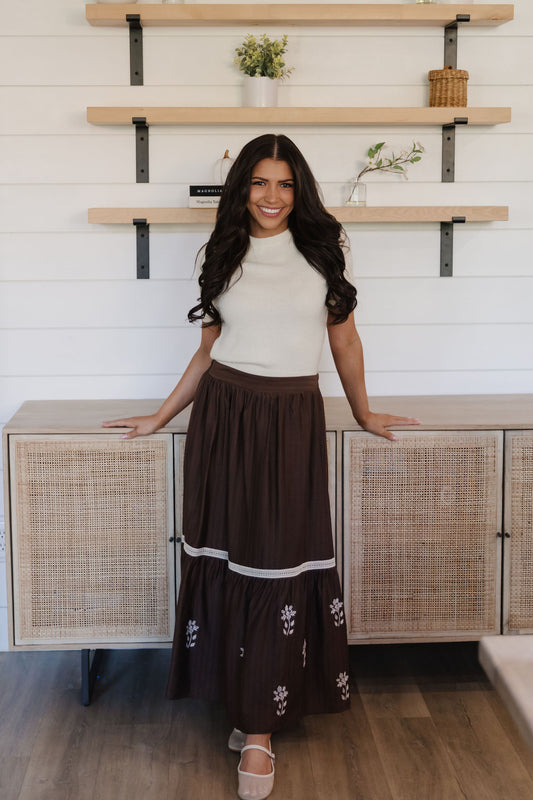 THE KYLA EMBROIDERED SKIRT IN BROWN