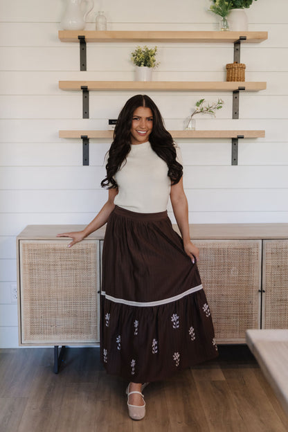 THE KYLA EMBROIDERED SKIRT IN BROWN