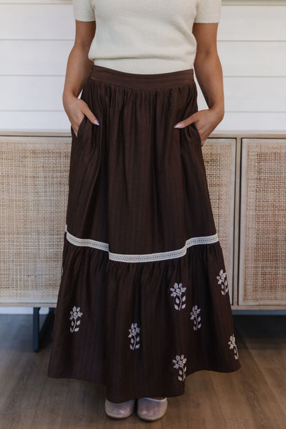 THE KYLA EMBROIDERED SKIRT IN BROWN