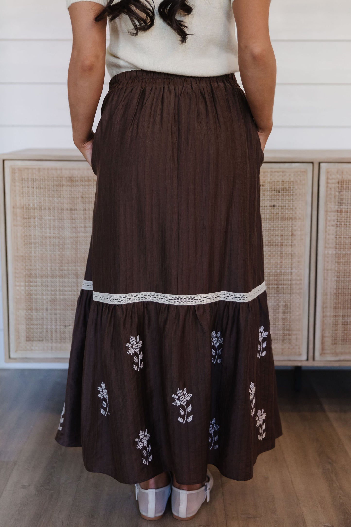 THE KYLA EMBROIDERED SKIRT IN BROWN