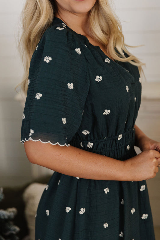 THE ESMERELDA EMBROIDERED DRESS IN TEAL