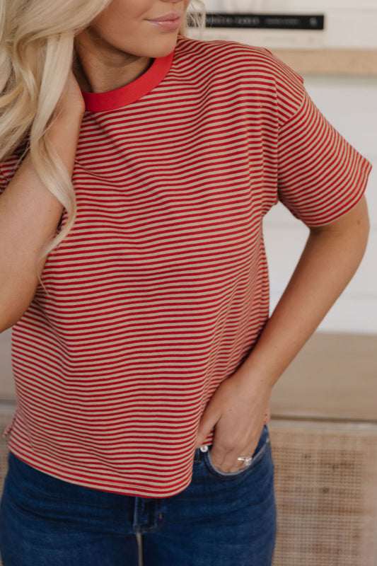 THE LILLIAN STRIPE SHORT SLEEVE SHIRT IN RED