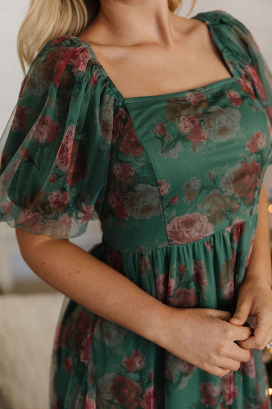 THE CHERIE FLORAL TULLE DRESS IN GREEN