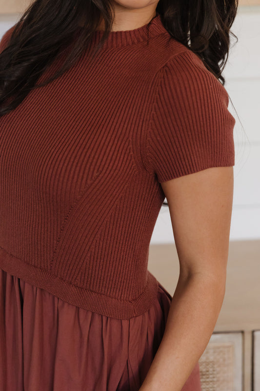 THE BRIELLE MOCK NECK DRESS IN RUST