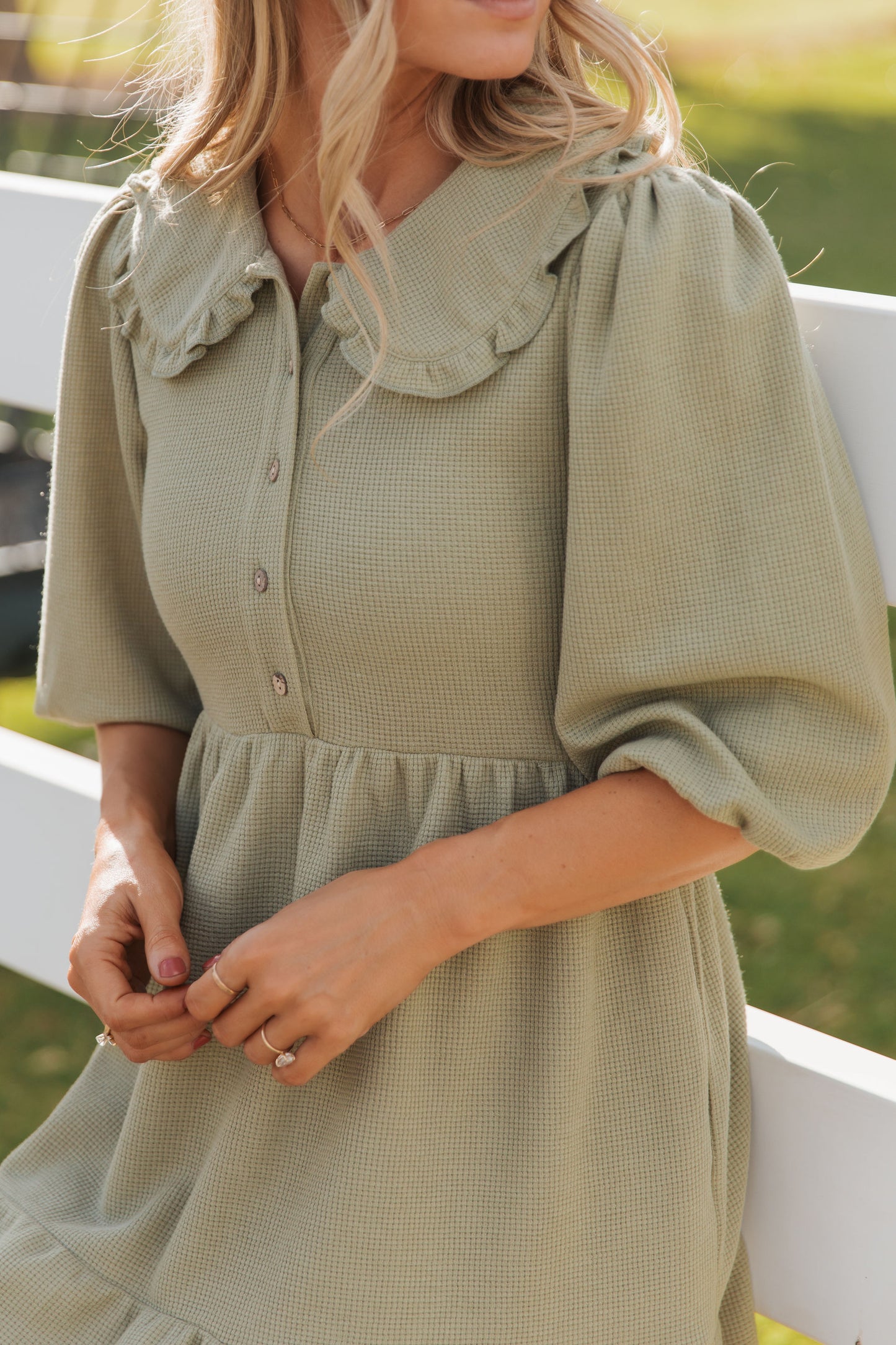 THE MIRANDA BIB COLLAR DRESS IN OLIVE