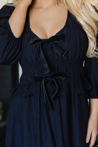 THE JENNIFER VELVET BOW DRESS IN NAVY