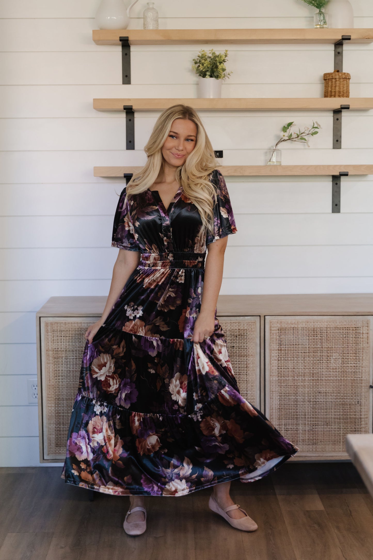 THE LAURA FLORAL PRINT VELVET DRESS IN BLACK