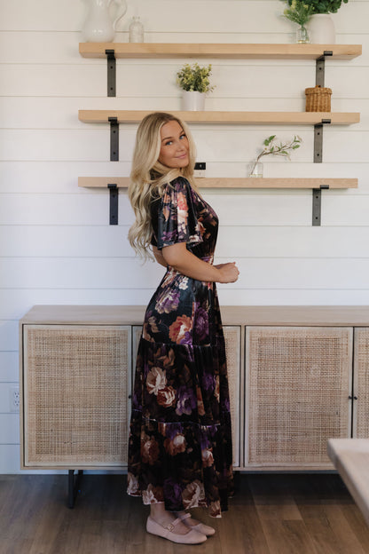 THE LAURA FLORAL PRINT VELVET DRESS IN BLACK