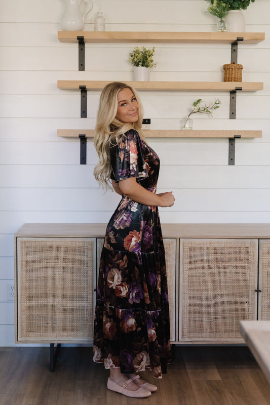 THE LAURA FLORAL PRINT VELVET DRESS IN BLACK
