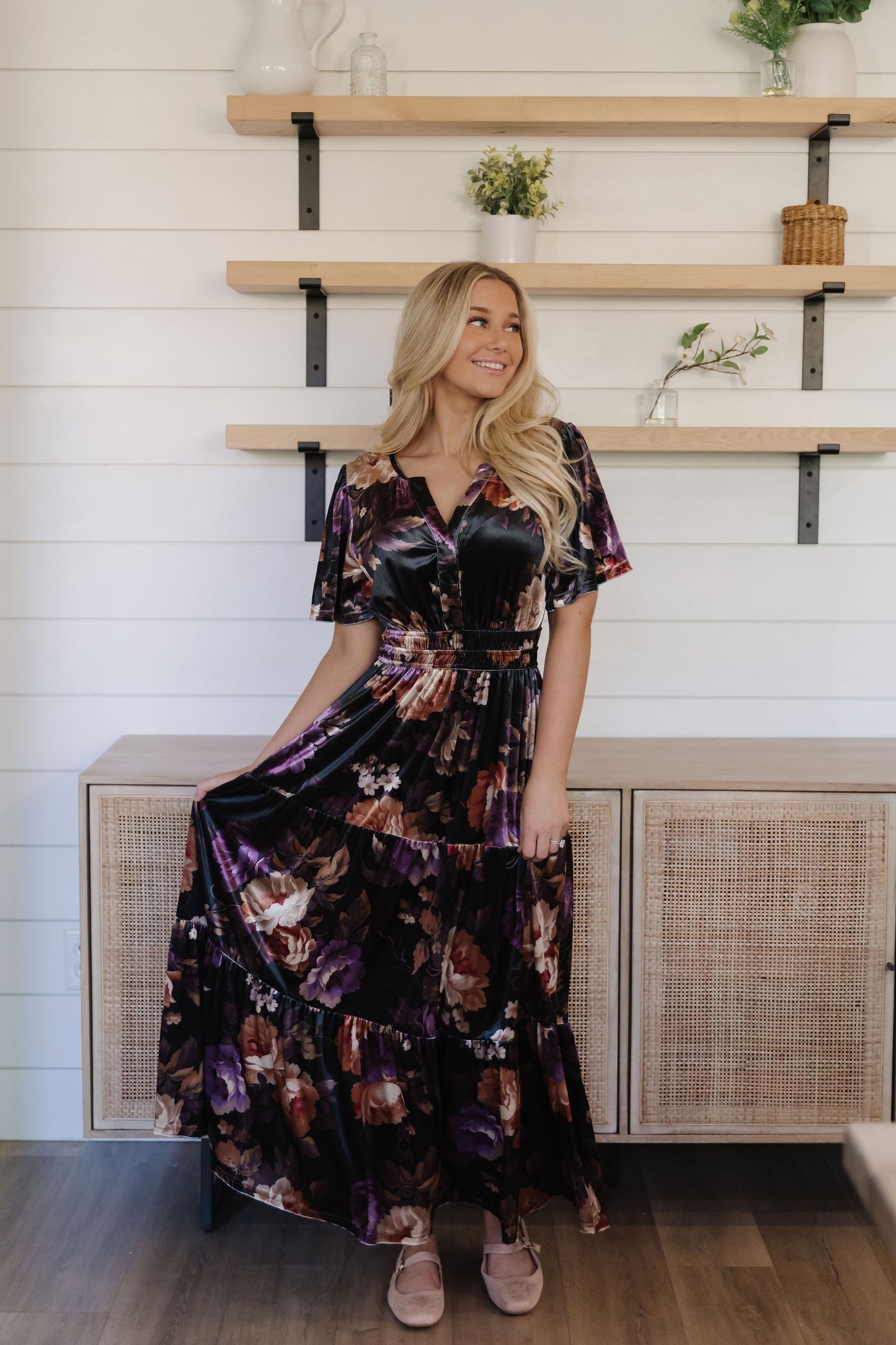 THE LAURA FLORAL PRINT VELVET DRESS IN BLACK