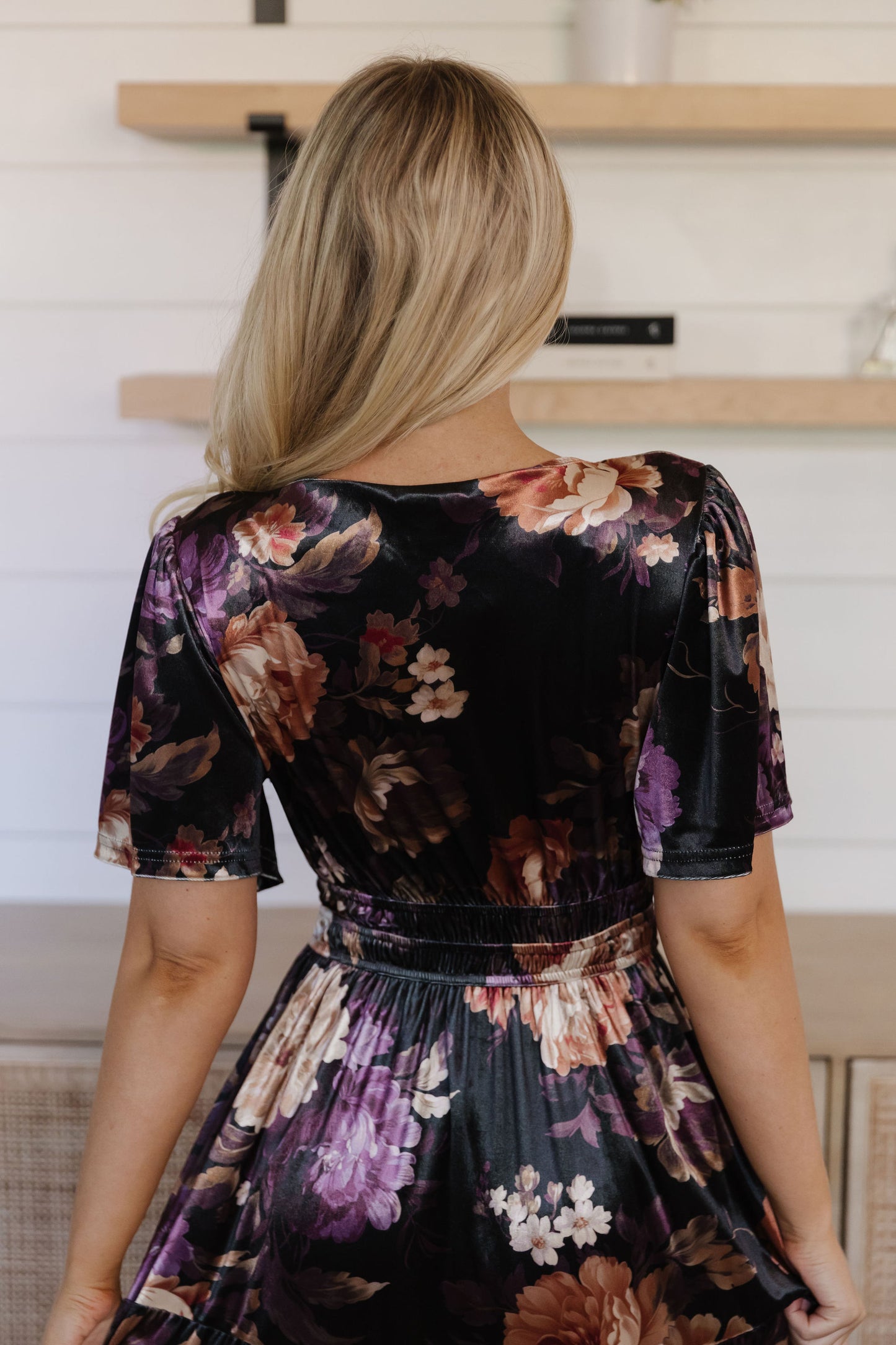 THE LAURA FLORAL PRINT VELVET DRESS IN BLACK