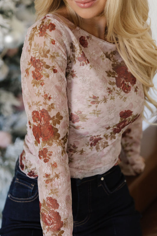 THE ASHLEY FLORAL MESH TOP IN PINK