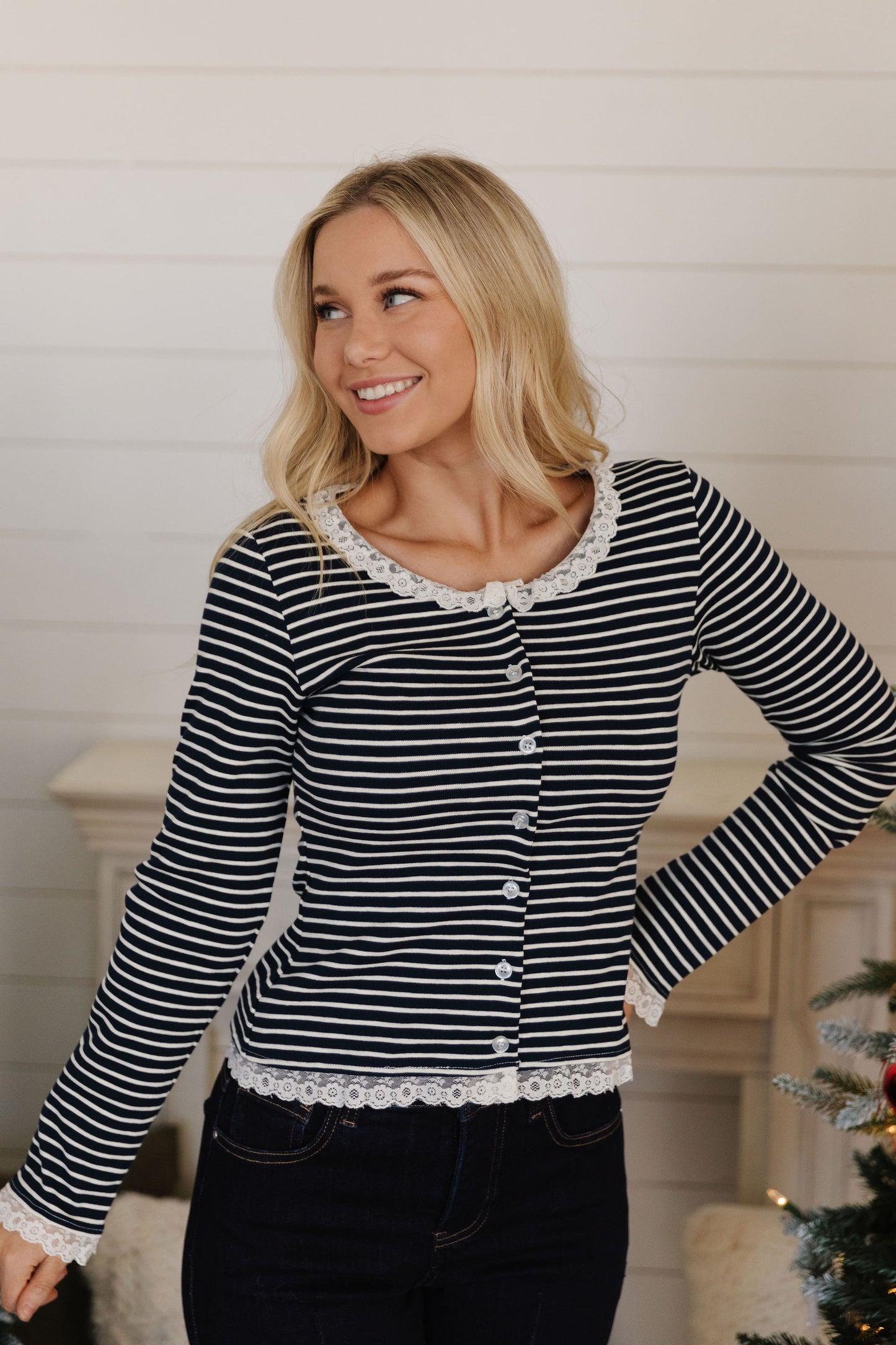 THE CARRIE STRIPE BLOUSE IN NAVY