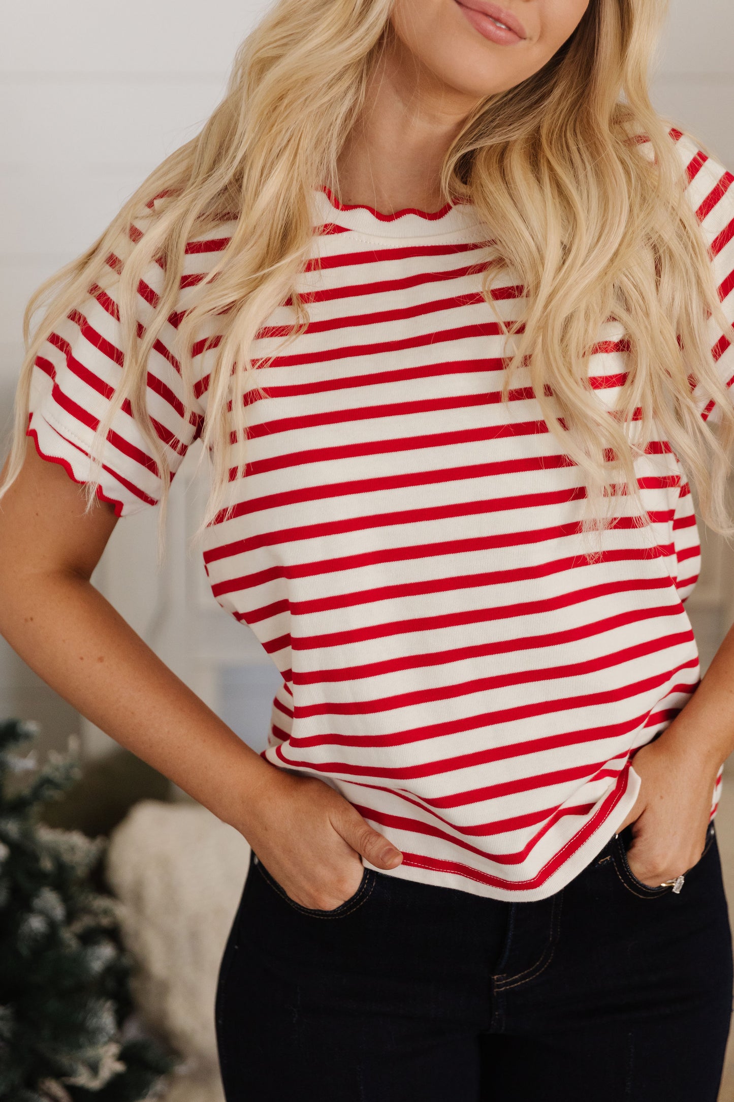 THE RORY SCALLOPED STRIPE TOP IN RED