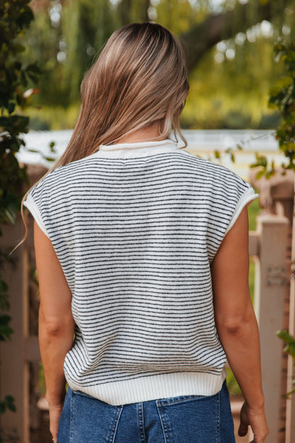 THE CAMPBELL CARDIGAN VEST IN BLACK STRIPE