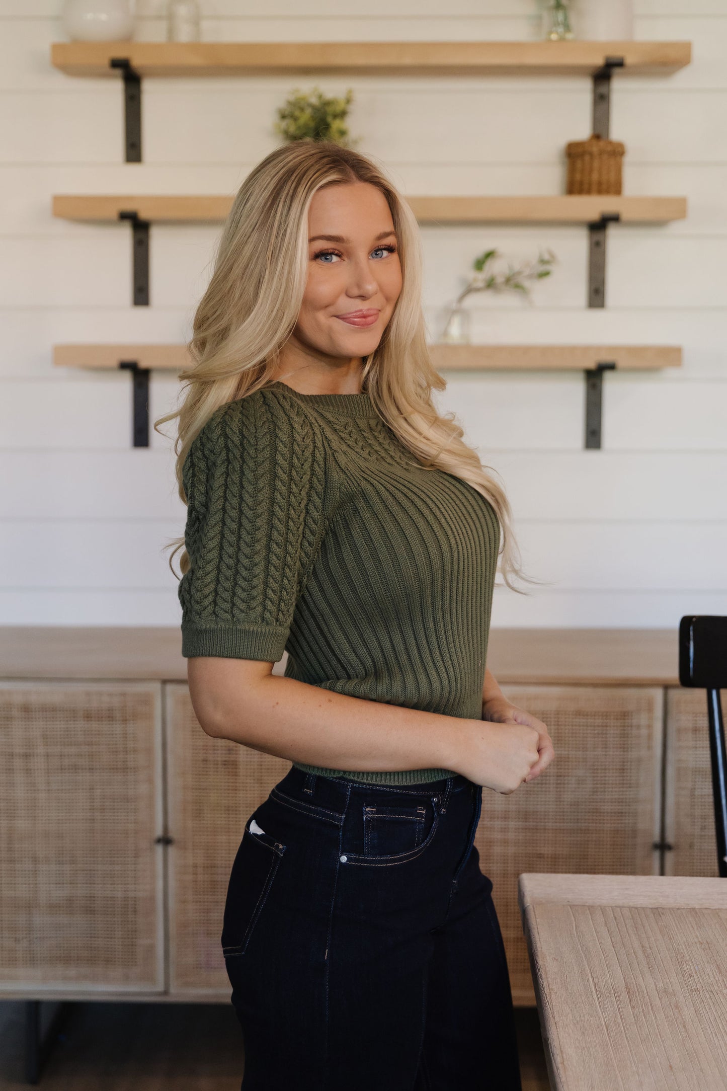 THE KASSIDY PUFF SLEEVE SWEATER IN OLIVE