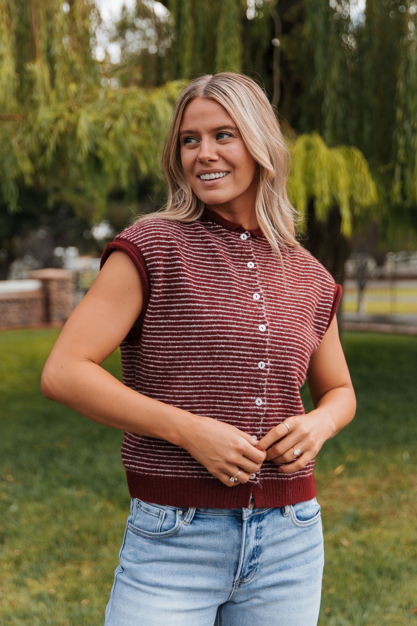 THE CAMPBELL CARDIGAN VEST IN BURGUNDY STRIPE
