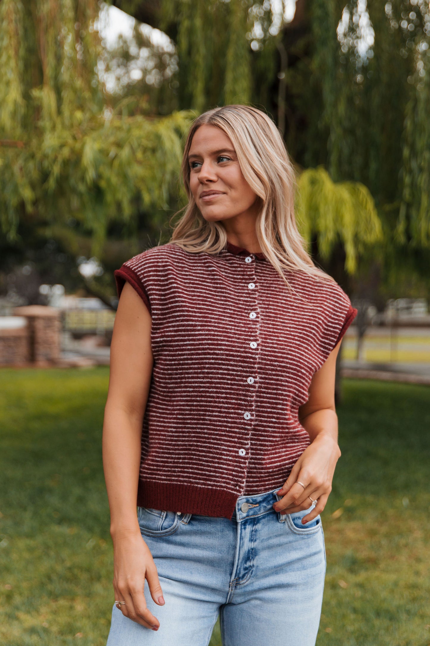 THE CAMPBELL CARDIGAN VEST IN BURGUNDY STRIPE