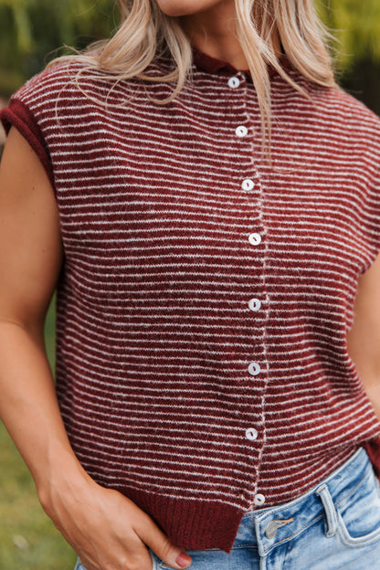 THE CAMPBELL CARDIGAN VEST IN BURGUNDY STRIPE